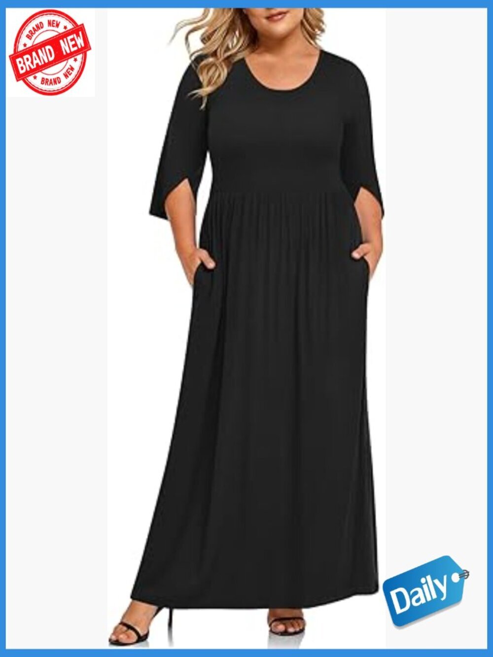 Plus Size Maxi Dress 3/4 Sleeve Pockets Casual Long Dress Curvy